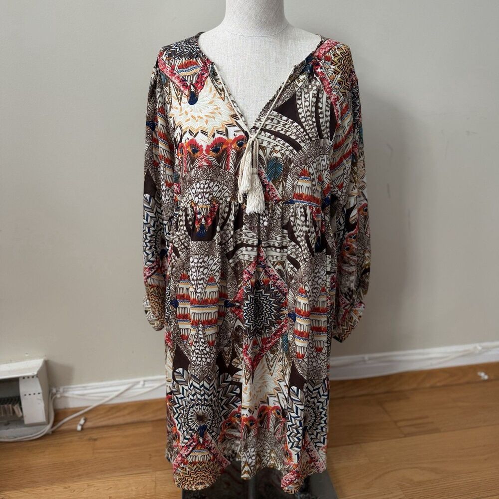 Umgee Feather Print Tassel Tie Babydoll Dress L EUC Boho Tribal Festival Travel